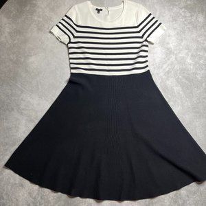 Talbots Black & White Midi Dress Size L Stretch Knit Fit & Flare Short Sleeve